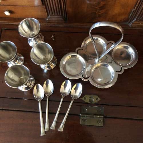EGG CUP SET  ON STAND WITH TEASPOONS SILVER PLATED